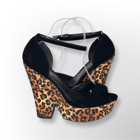 Shi By Journeys Black Velvet Ankle Strap Leopard Wedge Open Toe Sz 8 - Picture 1 of 6